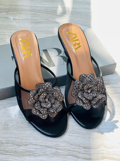Z-A-R-A Flower Heels – New Arrival | Premium Quality | With Brand Box (Black with Silver)