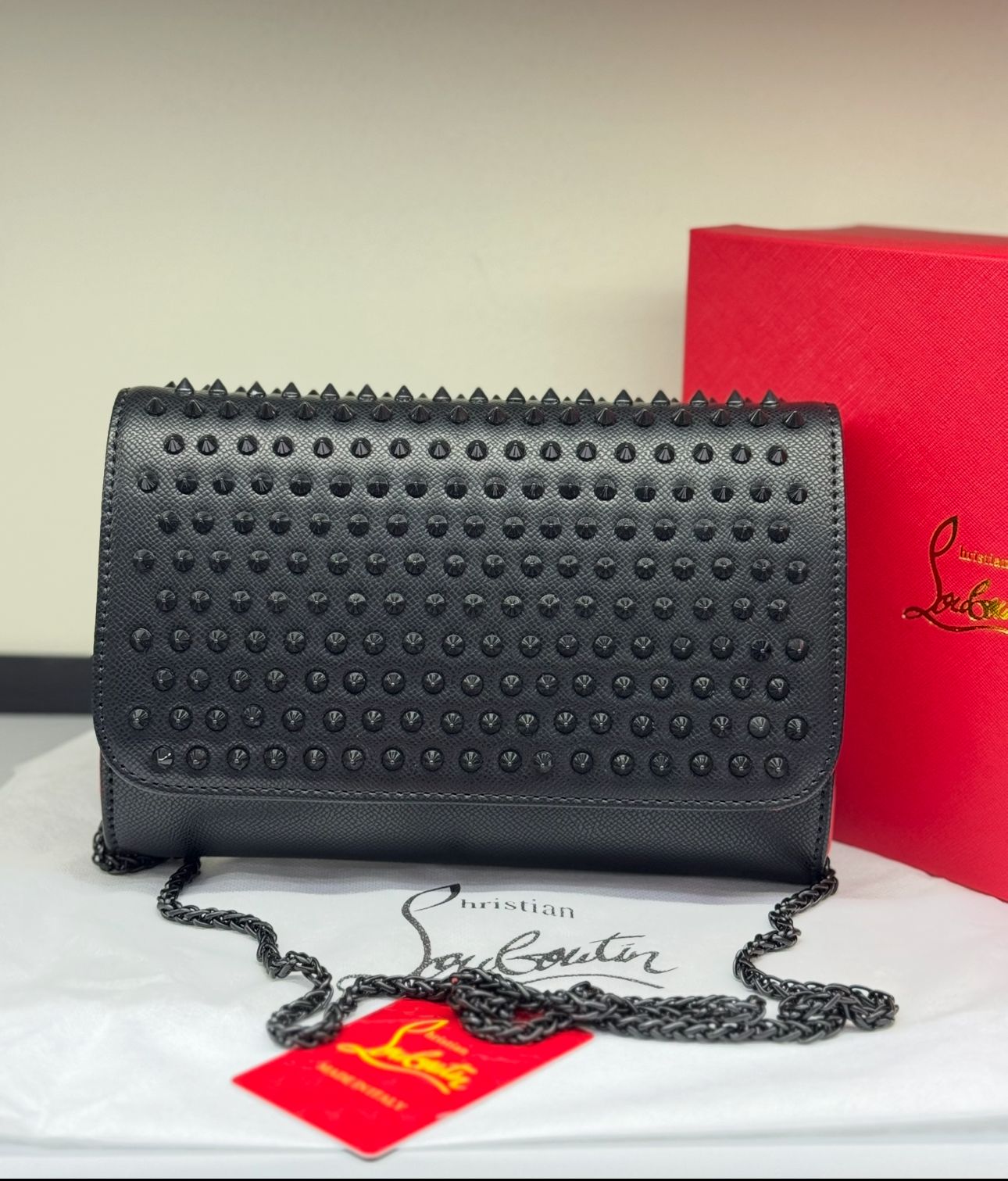 CHRISTIAN LOUBOUTIN Paloma Women Bag – Spiked Leather Clutch with Signature Red Interior | Premium Quality (Black)