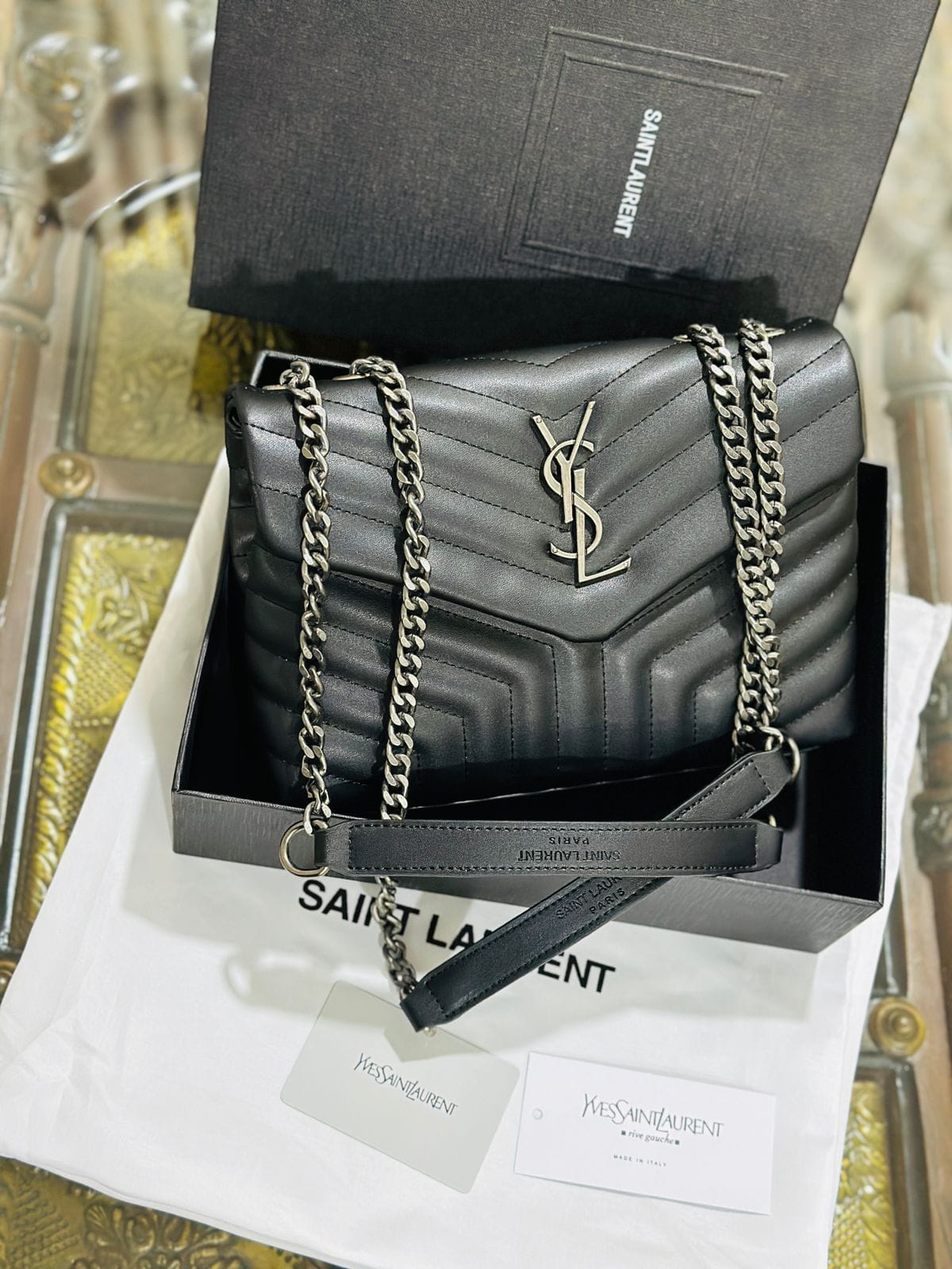 SAINT LAURENT Women's Calfskin Y Quilted Monogram Medium Loulou Chain Satchel