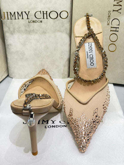 JIMMY CHOO SAEDA 100 CRYSTAL MESH PUMPS – Women Heels (Beige Golden)