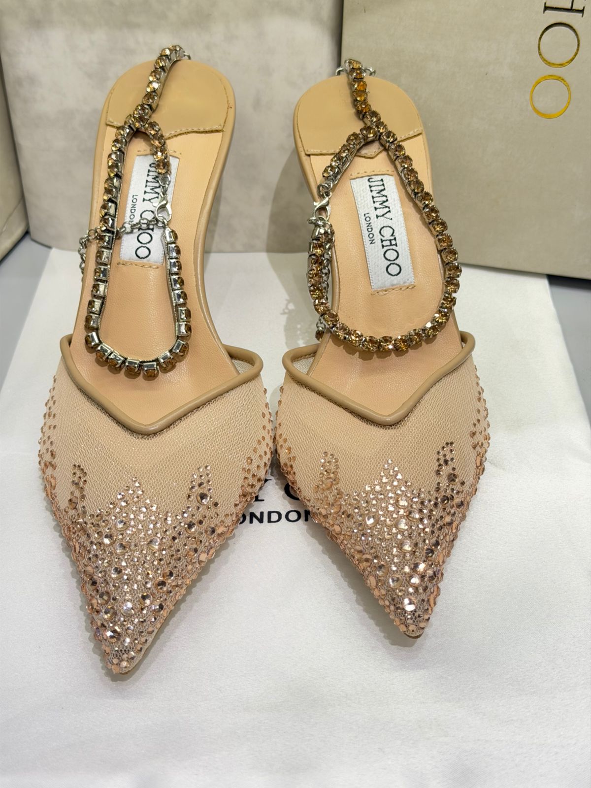JIMMY CHOO SAEDA 100 CRYSTAL MESH PUMPS – Women Heels (Beige Golden)