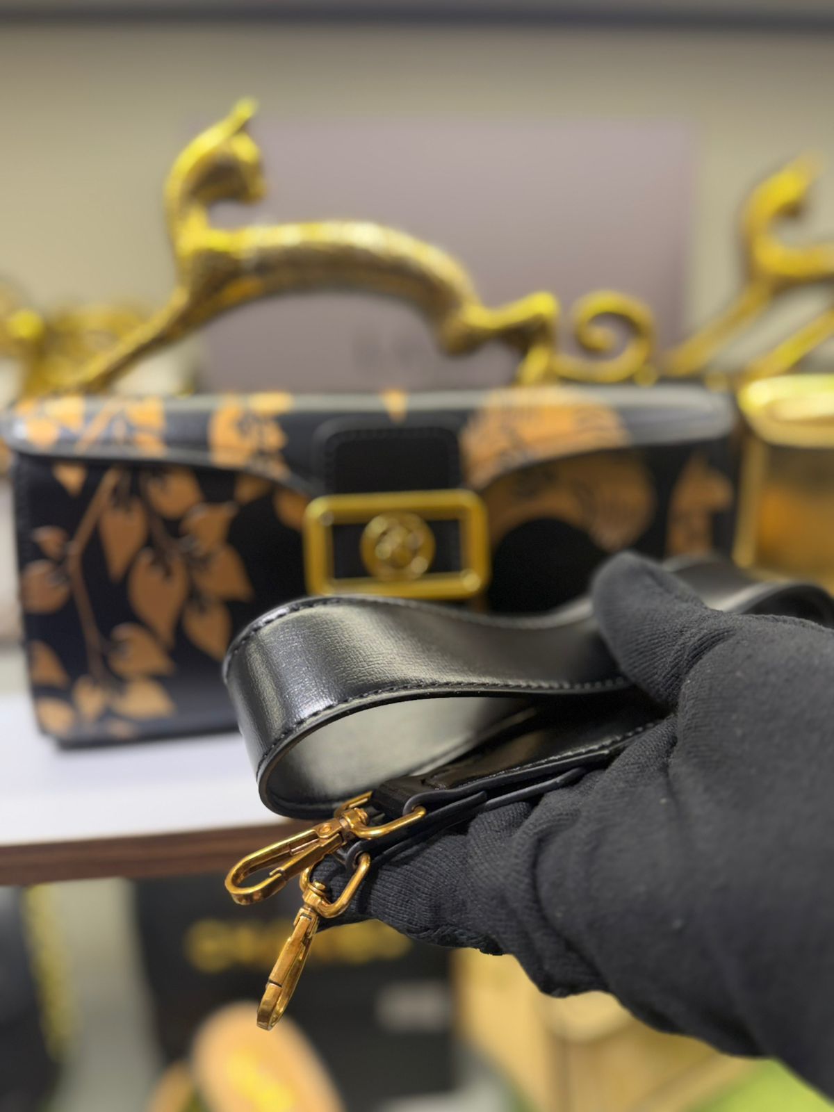 L-A-N-V-I-N Women’s Rateau Pencil Cat Leather Shoulder Bag – Luxury Mini Handbag (Black Gold)