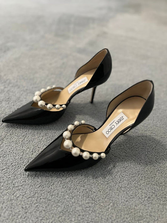 JIMMY CHOO Aurelie 85 Pearl-Embellished Heel Pumps – Premium Women Heel Pumps (Black Design A)