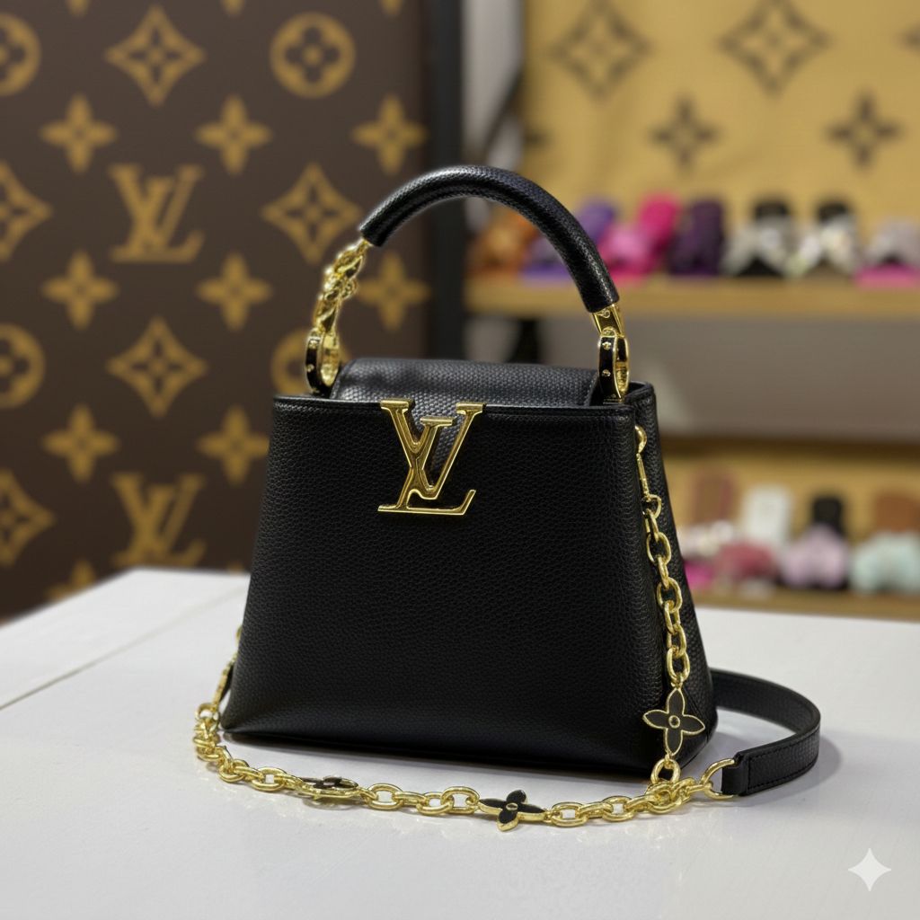 L-O-U-I-S V-U-I-T-T-O-N Capucines Mini – Premium Women Mini Bag with Chain Strap (Black)