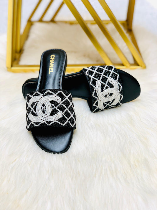 CHANEL Embroidered Pearl Slippers – Women Flat Slippers (Re_Stock) (Black)