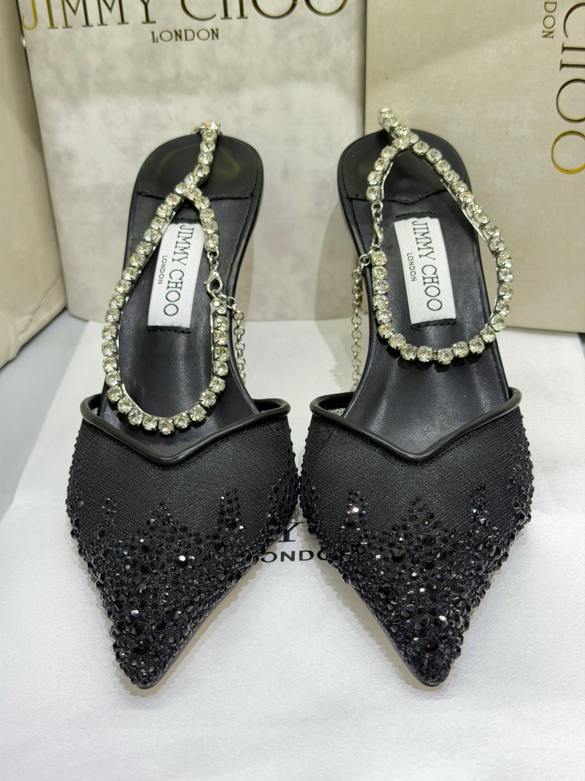 JIMMY CHOO SAEDA 100 CRYSTAL MESH PUMPS – Women Heels (Black)