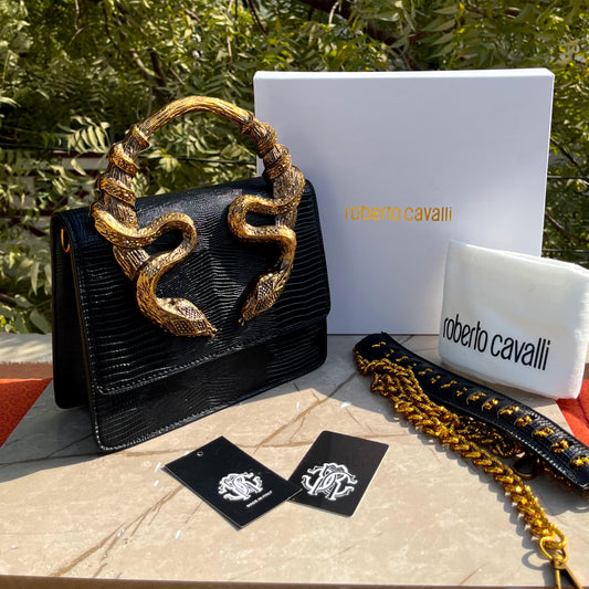 ROBERTO CAVALLI Women Bag – Borsa Bordeaux Con Serpenti | Premium Medium Shoulder & Hand Carry (Black)