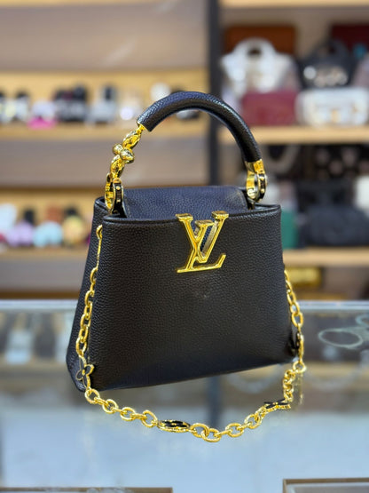 L-O-U-I-S V-U-I-T-T-O-N Capucines Mini – Premium Women Mini Bag with Chain Strap (Black)