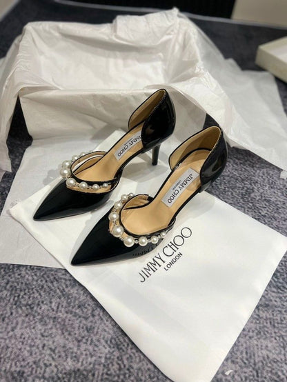 JIMMY CHOO Aurelie 85 Pearl-Embellished Heel Pumps – Premium Women Heel Pumps (Black Design A)