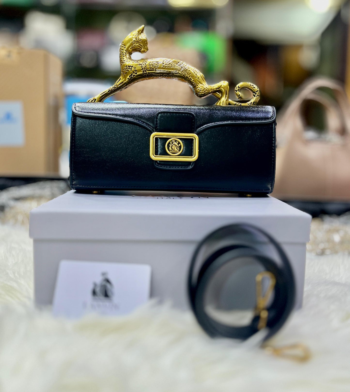 L-A-N-V-I-N Women’s Rateau Pencil Cat Leather Shoulder Bag – Luxury Mini Handbag (Black)