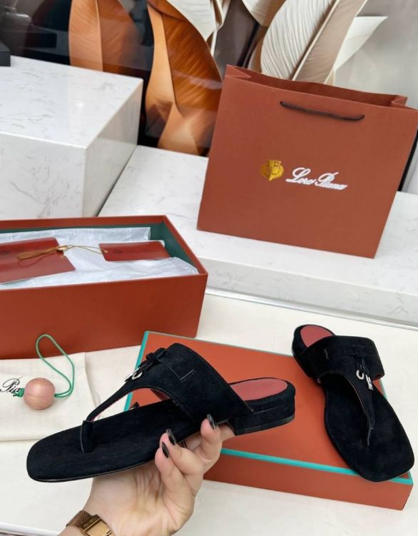 Loro Piana Summer Charms Walk Suede Thong Sandals – Premium Women Footwear (Black)