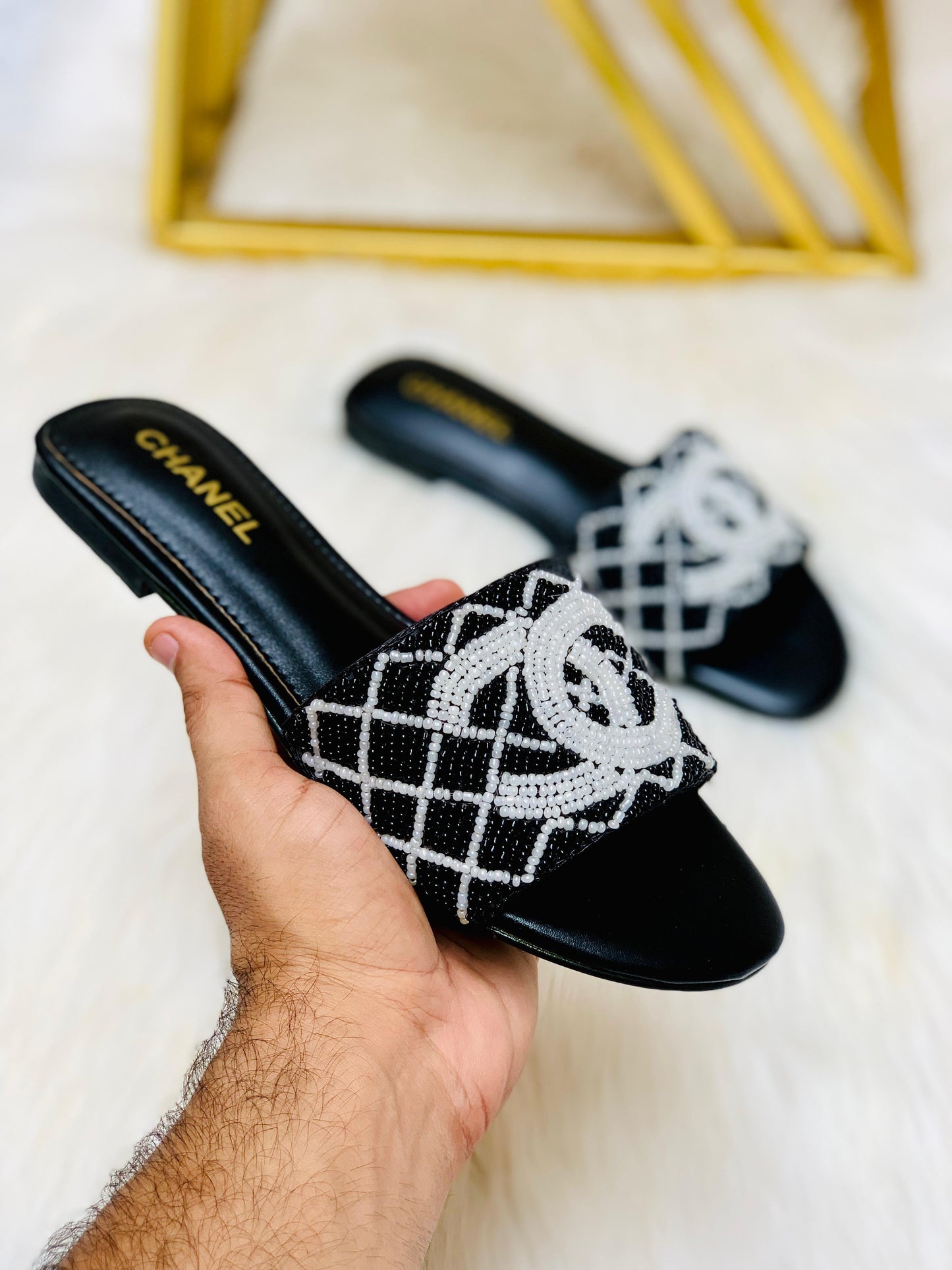 CHANEL Embroidered Pearl Slippers – Women Flat Slippers (Re_Stock) (Black)