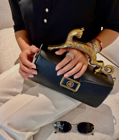 L-A-N-V-I-N Women’s Rateau Pencil Cat Leather Shoulder Bag – Luxury Mini Handbag (Black)