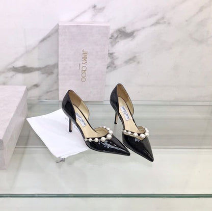 JIMMY CHOO Aurelie 85 Pearl-Embellished Heel Pumps – Premium Women Heel Pumps (Black Design A)