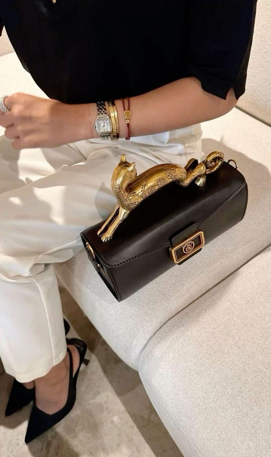 L-A-N-V-I-N Women’s Rateau Pencil Cat Leather Shoulder Bag – Luxury Mini Handbag (Black)