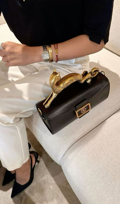 L-A-N-V-I-N Women’s Rateau Pencil Cat Leather Shoulder Bag – Luxury Mini Handbag (Black)