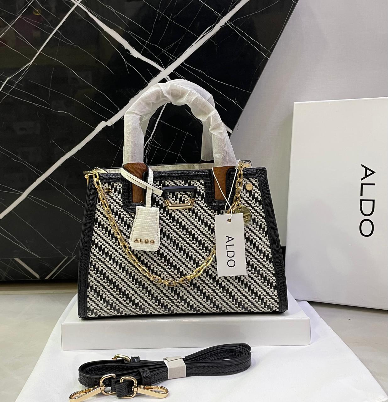 A-L-D-O Premium Handbags Women Bag – (Black & White diagonal herringbone pattern)