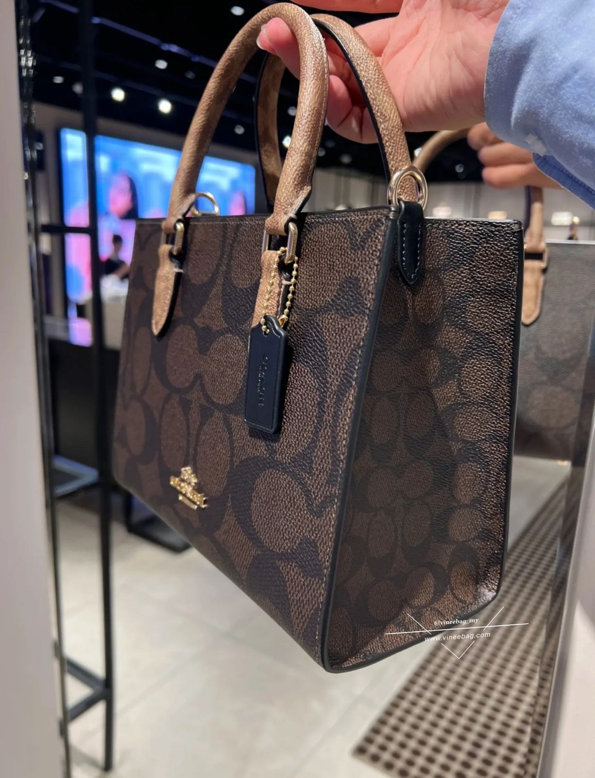 C-O-A-C-H Maggie Small Tote Women Bag – Blocked Signature Canvas (Brown Black)