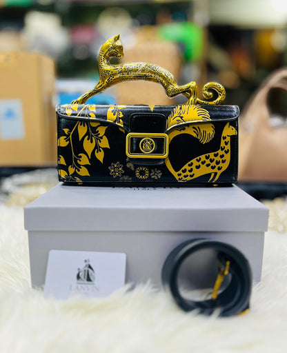 L-A-N-V-I-N Women’s Rateau Pencil Cat Leather Shoulder Bag – Luxury Mini Handbag (Black Gold)