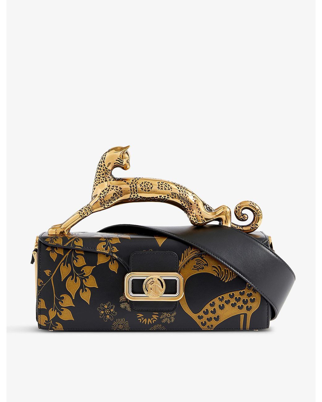 L-A-N-V-I-N Women’s Rateau Pencil Cat Leather Shoulder Bag – Luxury Mini Handbag (Black Gold)