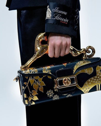 L-A-N-V-I-N Women’s Rateau Pencil Cat Leather Shoulder Bag – Luxury Mini Handbag (Black Gold)