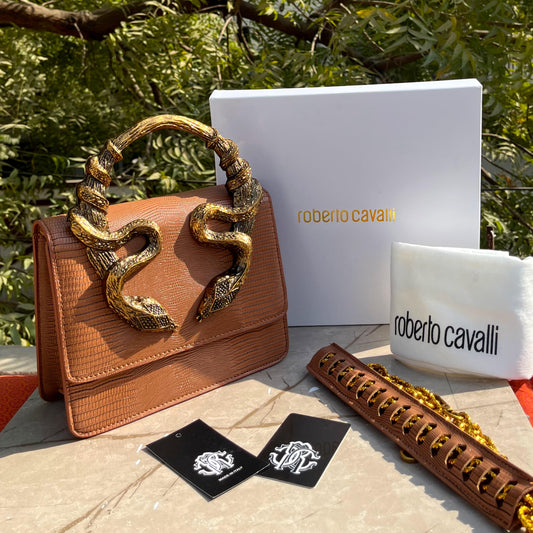ROBERTO CAVALLI Women Bag – Borsa Bordeaux Con Serpenti | Premium Medium Shoulder & Hand Carry (Brown)