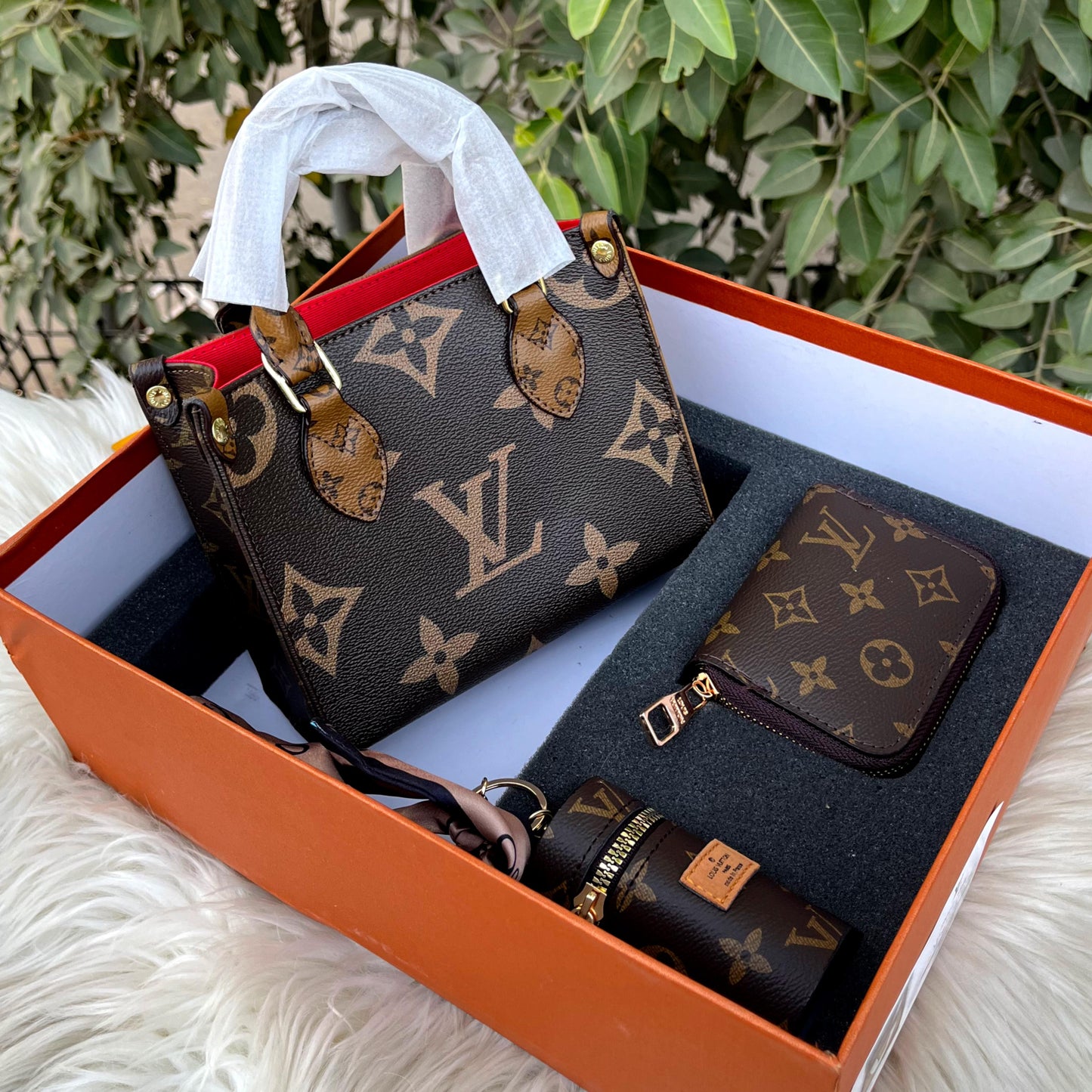 LOUIS VUITTON Women Bag – 3 PCS Set | Handbag, Card Holder & Coin Pouch (Brown)