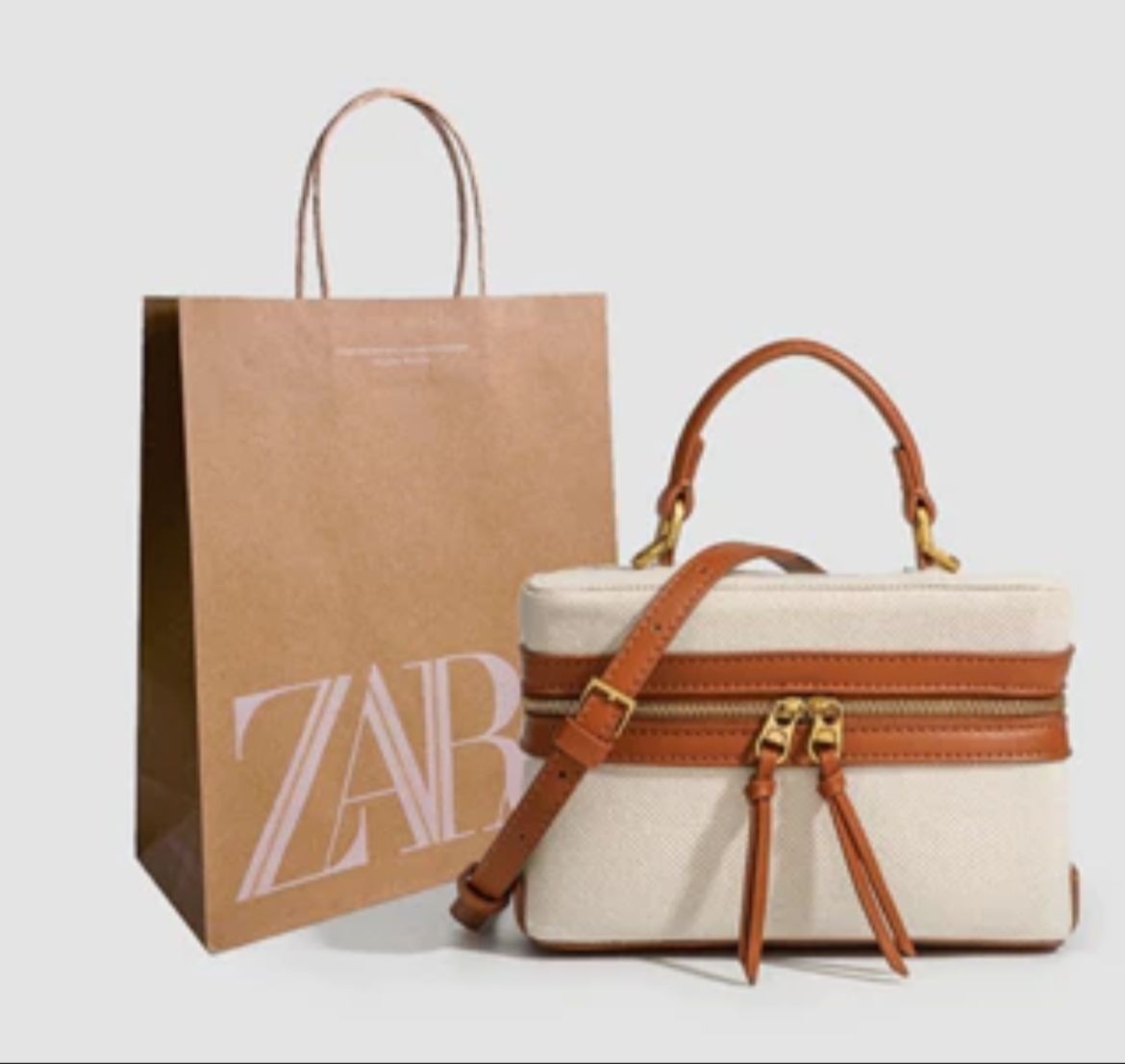 ZARA Crossbody Women Bag with Long Belt – Brand Box Packaging (Off White Brown)
