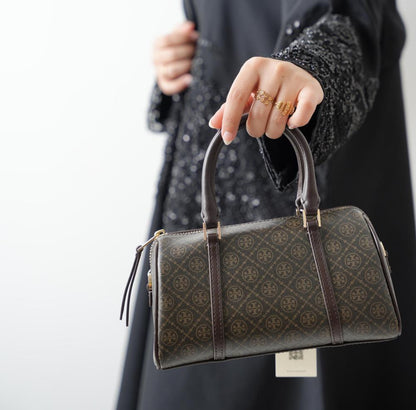 T-O-R-Y B-U-R-C-H T Monogram Petite Barrel Bag – Women Mini Crossbody Bag (Dark Brown)