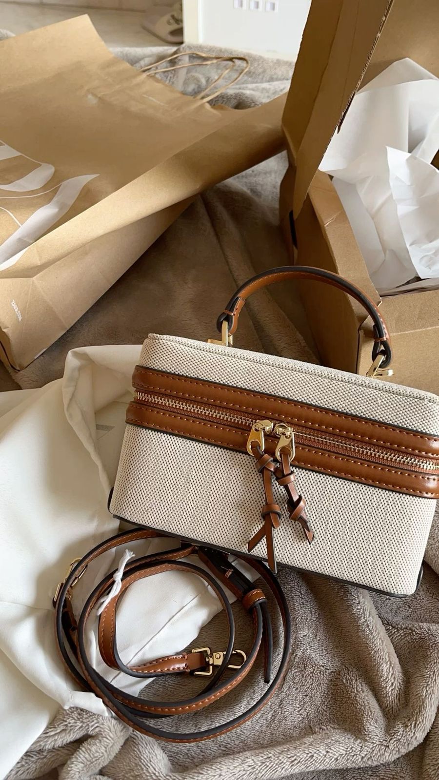 ZARA Crossbody Women Bag with Long Belt – Brand Box Packaging (Off White Brown)