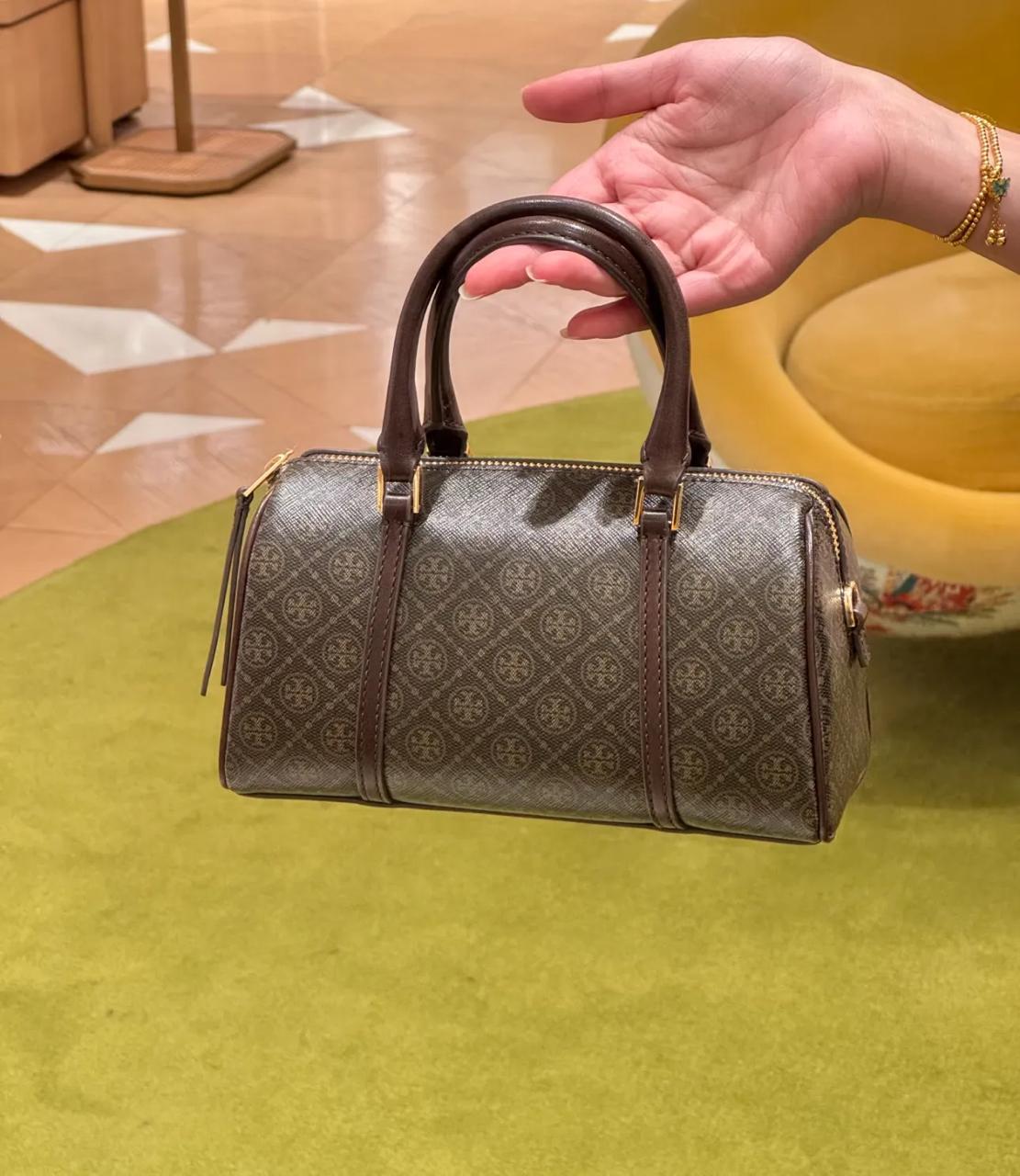 T-O-R-Y B-U-R-C-H T Monogram Petite Barrel Bag – Women Mini Crossbody Bag (Dark Brown)