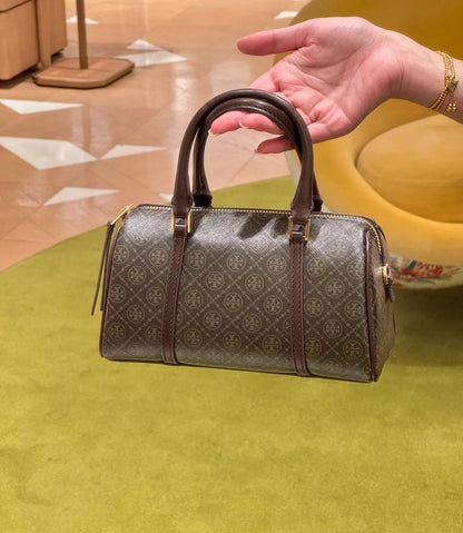 T-O-R-Y B-U-R-C-H T Monogram Petite Barrel Bag – Women Mini Crossbody Bag (Dark Brown)