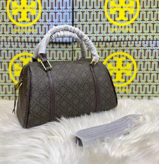 T-O-R-Y B-U-R-C-H T Monogram Petite Barrel Bag – Women Mini Crossbody Bag (Dark Brown)