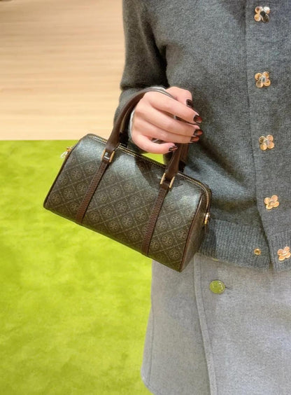 T-O-R-Y B-U-R-C-H T Monogram Petite Barrel Bag – Women Mini Crossbody Bag (Dark Brown)