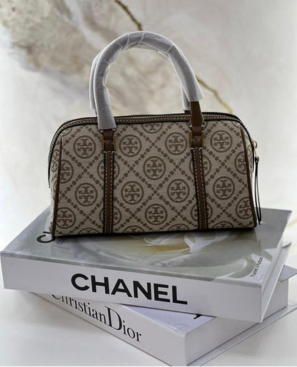 T-O-R-Y B-U-R-C-H T Monogram Petite Barrel Bag – Women Mini Crossbody Bag (Brown with Off White)