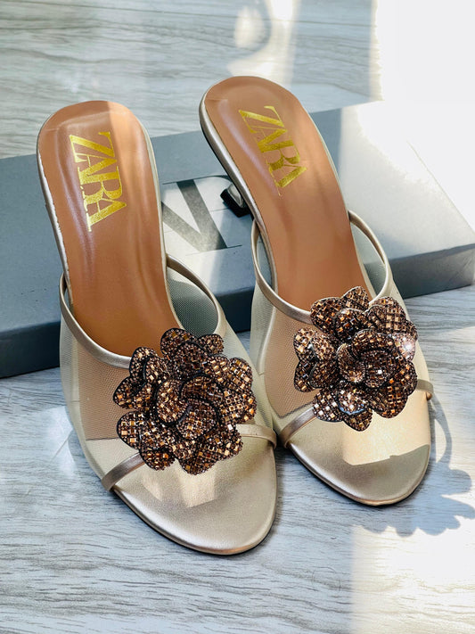 Z-A-R-A Flower Heels – New Arrival | Premium Quality | With Brand Box (Copper Brown)