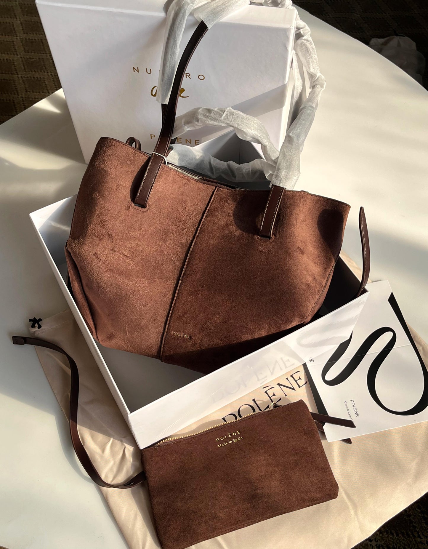 POLÈNE Cyme Suede Leather Handbag – Premium Women Bag (Chocolate Brown)