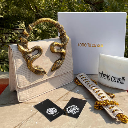 ROBERTO CAVALLI Women Bag – Borsa Bordeaux Con Serpenti | Premium Medium Shoulder & Hand Carry (Cream)