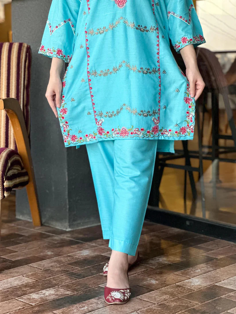 " EMIRE " 2Pcs Stitched Embroidered Suit (Firozi Blue)