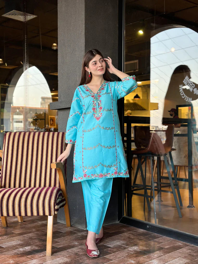 " EMIRE " 2Pcs Stitched Embroidered Suit (Firozi Blue)