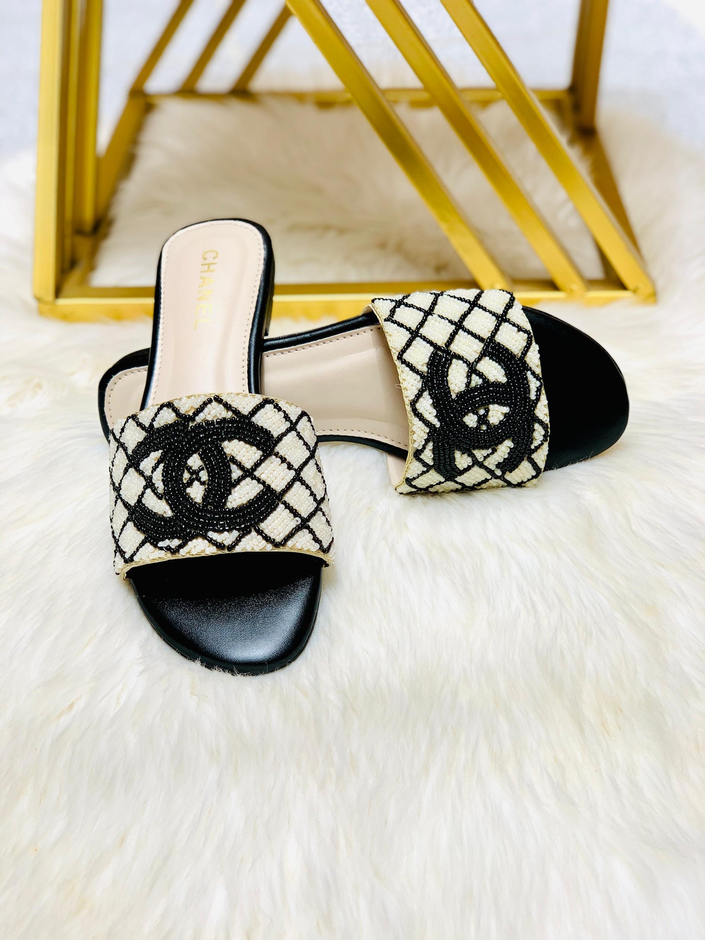 CHANEL Embroidered Pearl Slippers – Women Flat Slippers (Re_Stock) (Fawn)