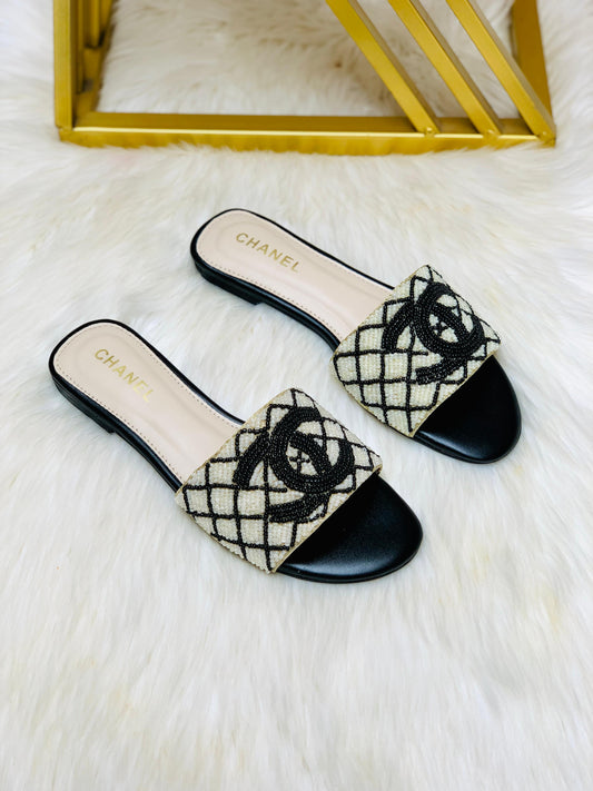 CHANEL Embroidered Pearl Slippers – Women Flat Slippers (Re_Stock) (Fawn)