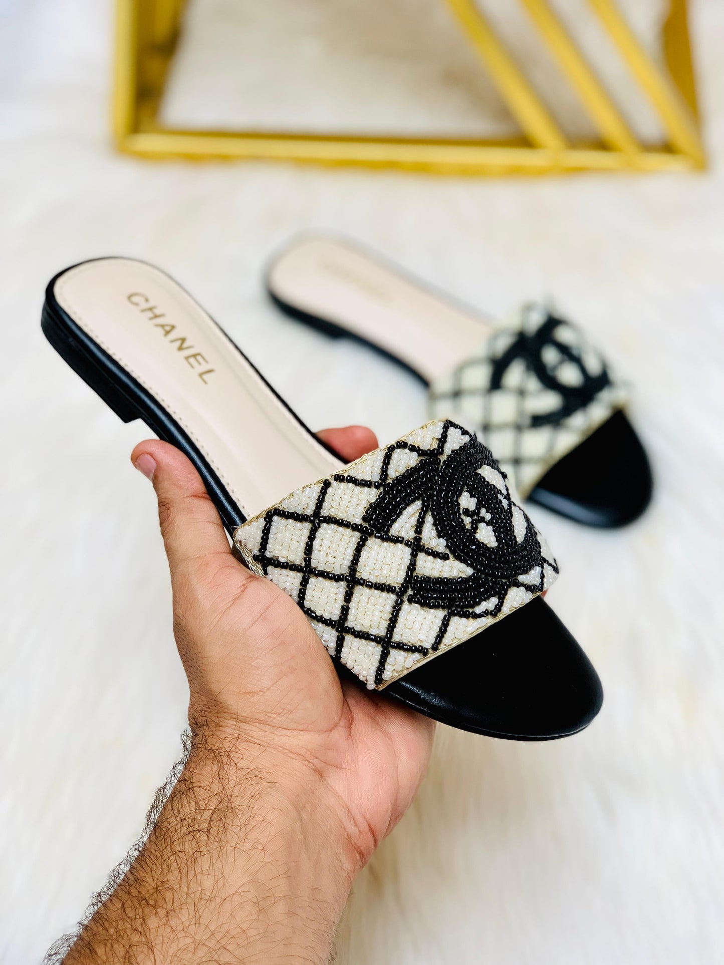 CHANEL Embroidered Pearl Slippers – Women Flat Slippers (Re_Stock) (Fawn)