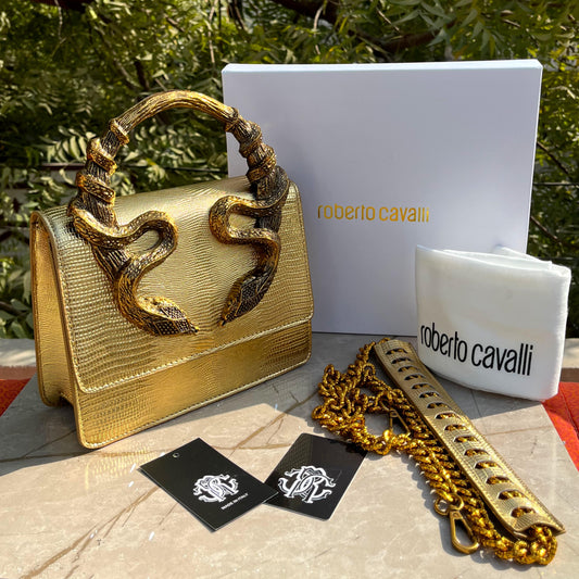 ROBERTO CAVALLI Women Bag – Borsa Bordeaux Con Serpenti | Premium Medium Shoulder & Hand Carry (Gold)