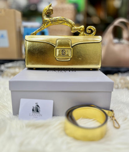 L-A-N-V-I-N Women’s Rateau Pencil Cat Leather Shoulder Bag – Luxury Mini Handbag (Gold)