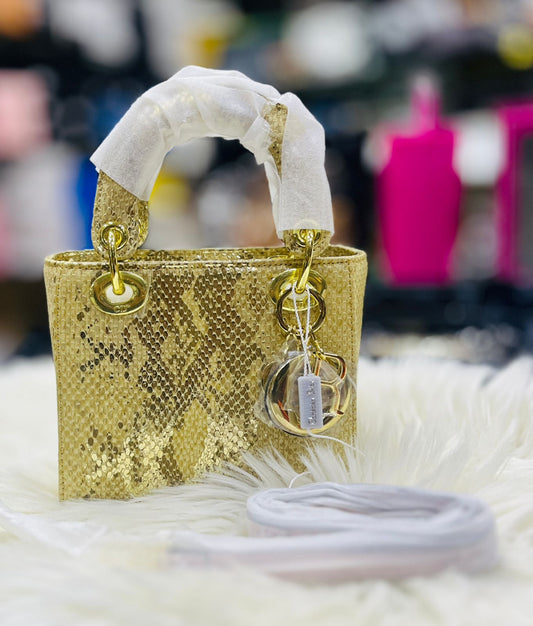 DIOR Lady Dior Mini Python Skin – Women Bag (Gold)