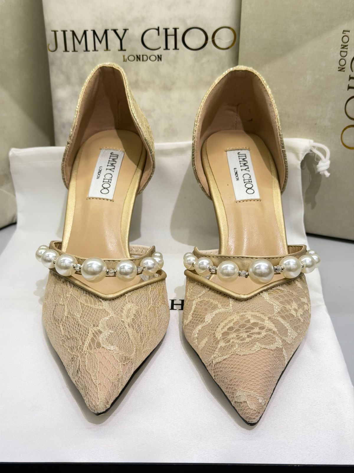 J-I-M-M-Y C-H-O-O AURELIE 85 PEARL-EMBELLISHED HEEL PUMPS – WOMEN SHOES (Golden Beige)