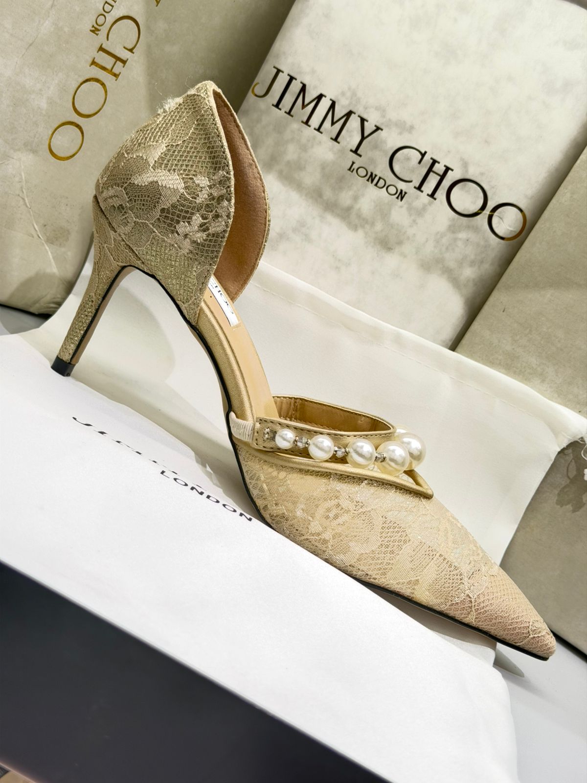 J-I-M-M-Y C-H-O-O AURELIE 85 PEARL-EMBELLISHED HEEL PUMPS – WOMEN SHOES (Golden Beige)