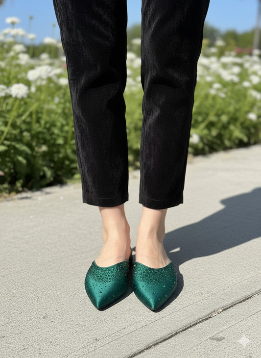 ZARA STONE FLAT – Women Rhinestone Slippers (Green)