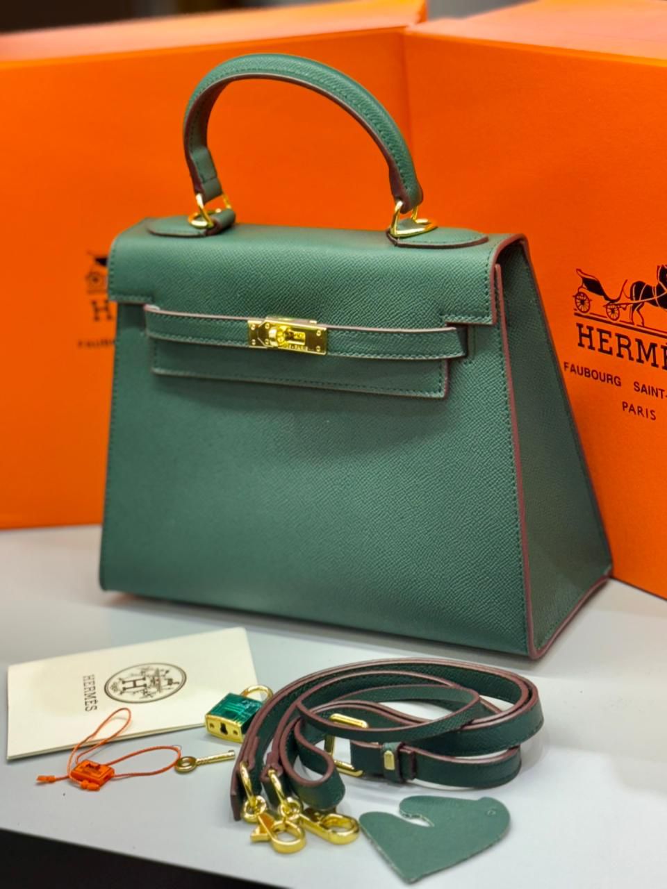 HERMÈS KELLY SELLIER 25CM – Women Bag | Luxury Leather Top Handle & Shoulder Bag (Sea Green)